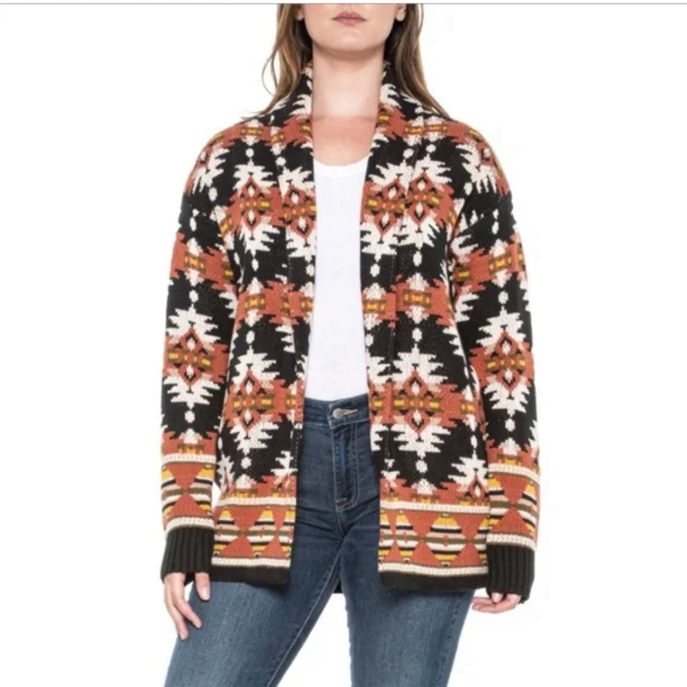 Lucky Brand Black, White & Rust Geometric Open Cardigan